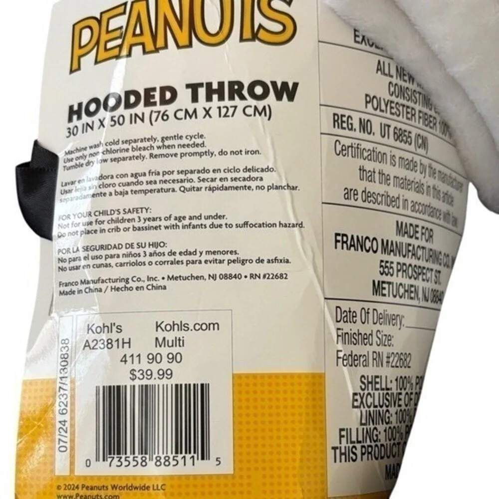 Peanuts Snoopy Hooded Throw Blanket - Black and White 30in x 50in NEW